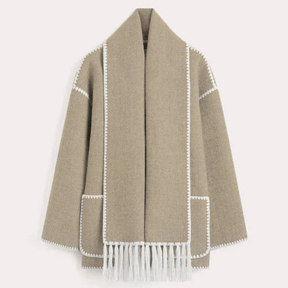 Women's blanket scarf coat with fringe trim in Khaki