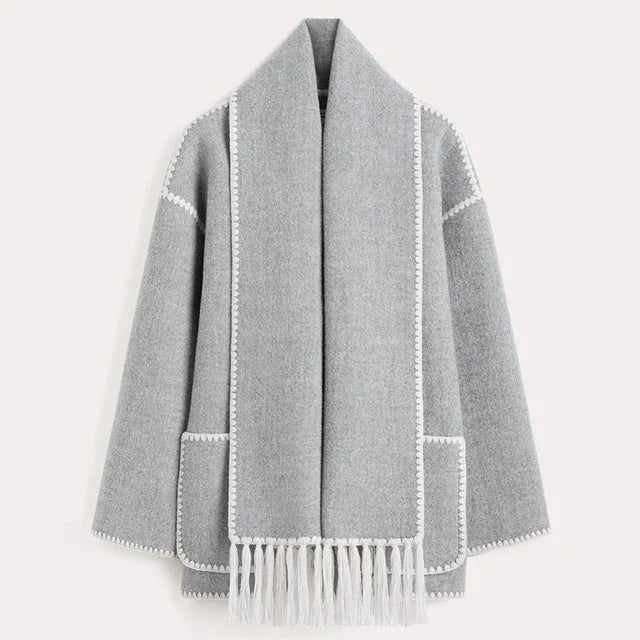 Women's blanket scarf coat with fringe trim in Light Grey