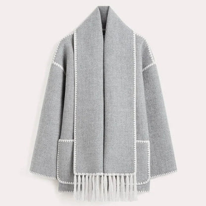 Women's blanket scarf coat with fringe trim in Light Grey