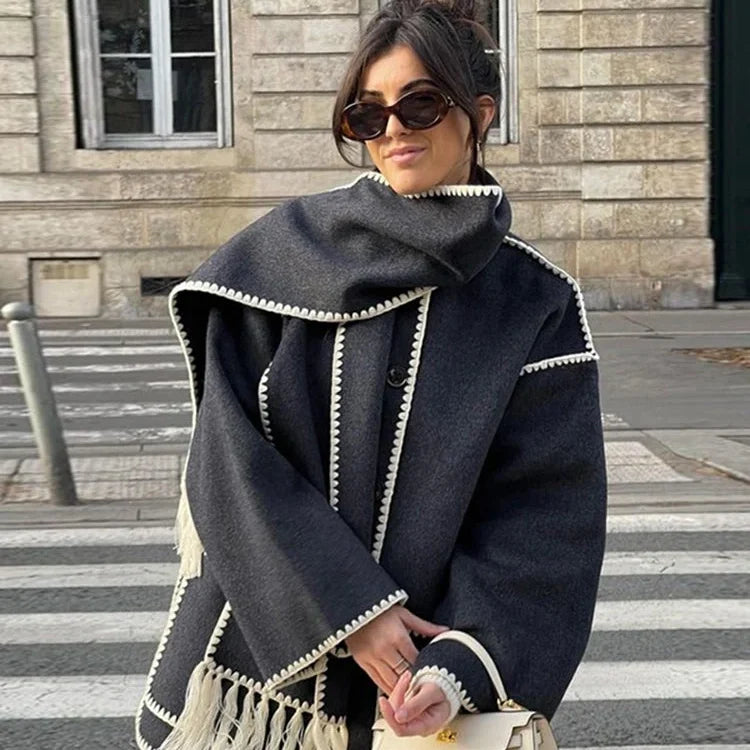 Women's blanket scarf coat with fringe trim, additional photo