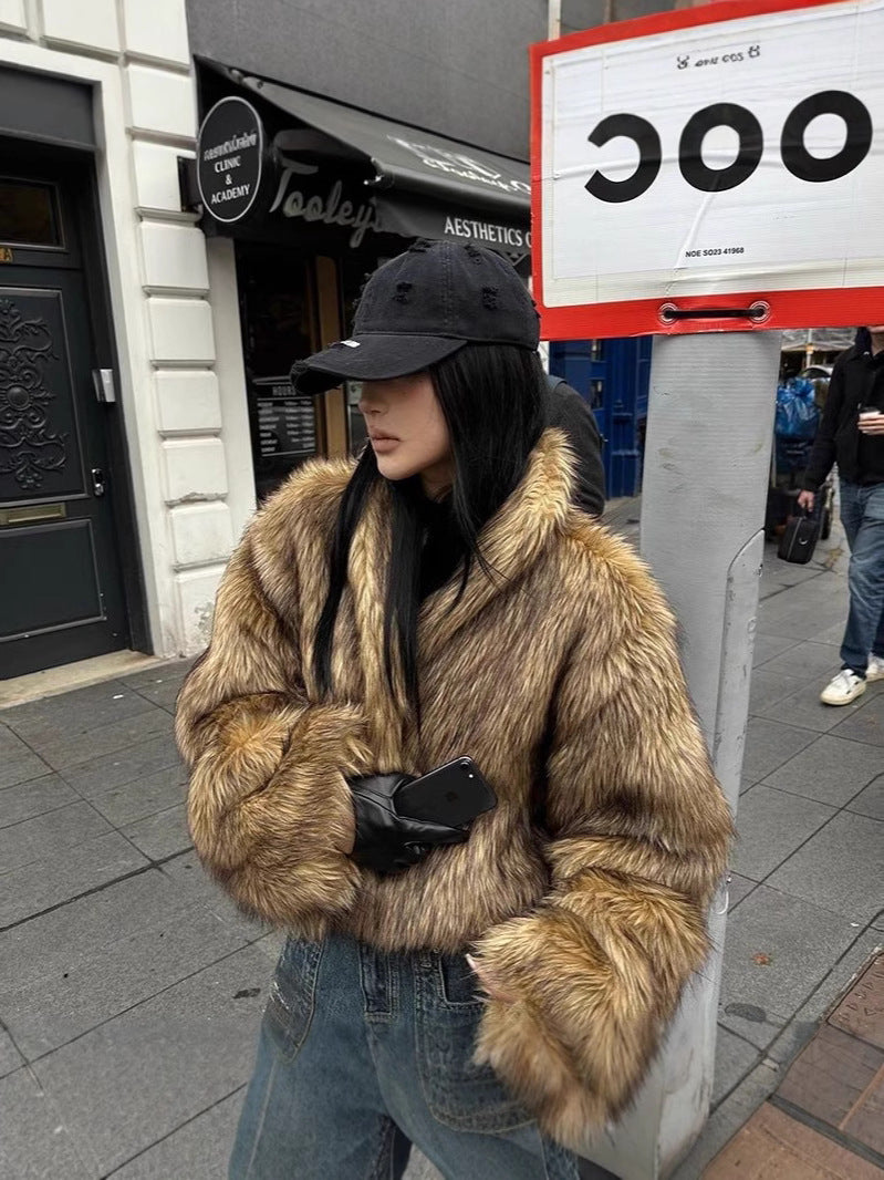 Women's cropped faux fur hooded jacket with toggle front in light brown