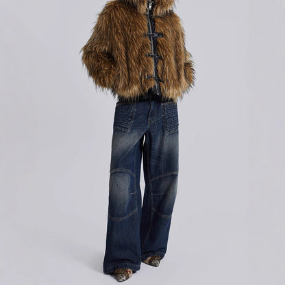 Women's cropped faux fur hooded jacket in light brown, additional view