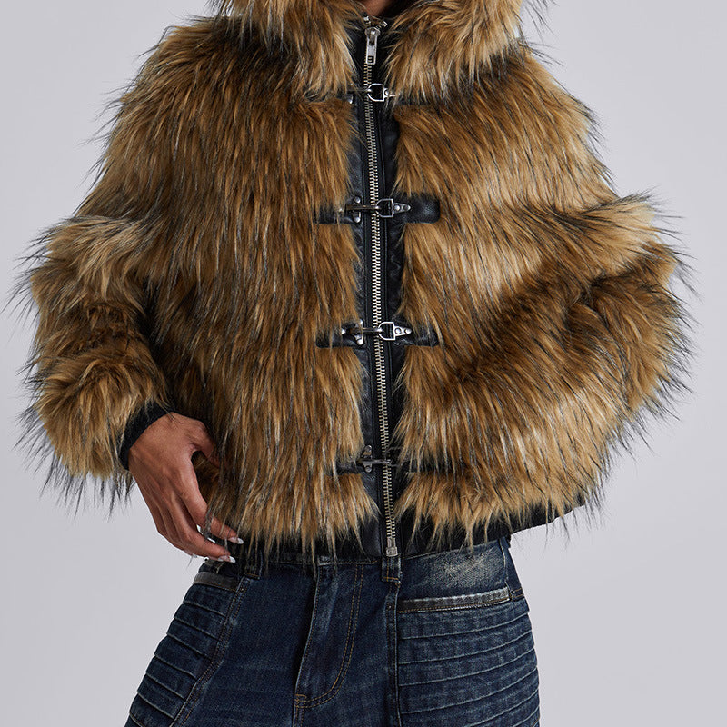 Women's cropped faux fur hooded jacket in light brown, additional view