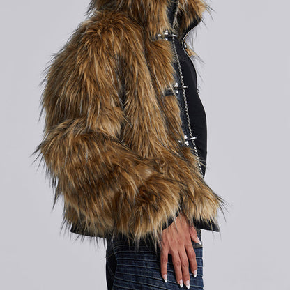 Women's cropped faux fur hooded jacket in light brown, additional view