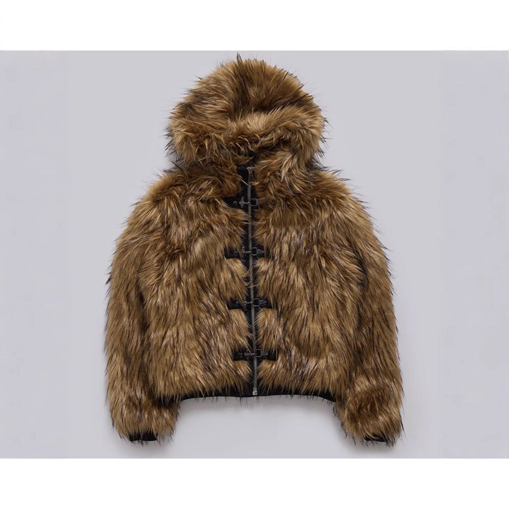 Women's cropped faux fur hooded jacket in light brown, additional view