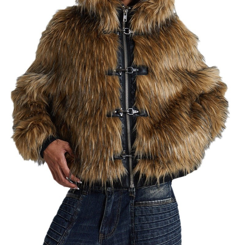 Women's cropped faux fur hooded jacket in light brown, additional view