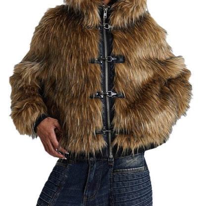Women's cropped faux fur hooded jacket in light brown, additional view