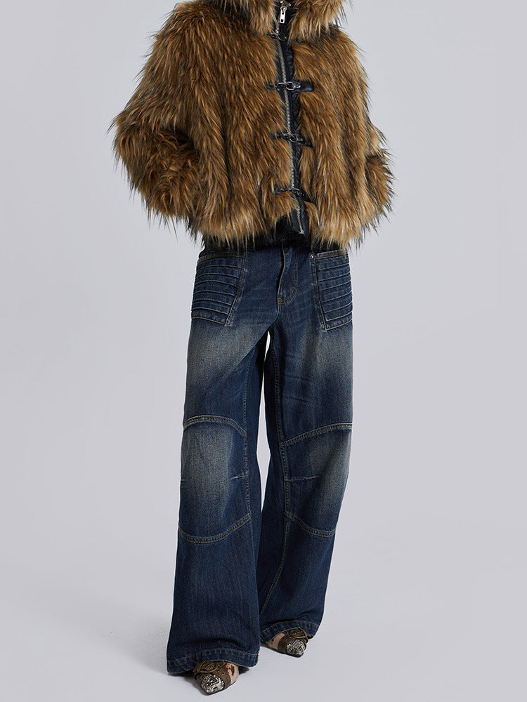 Women's cropped faux fur hooded jacket in light brown, additional view