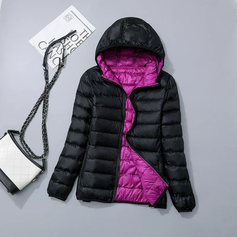 Women's lightweight down puffer jacket with hood in black purple