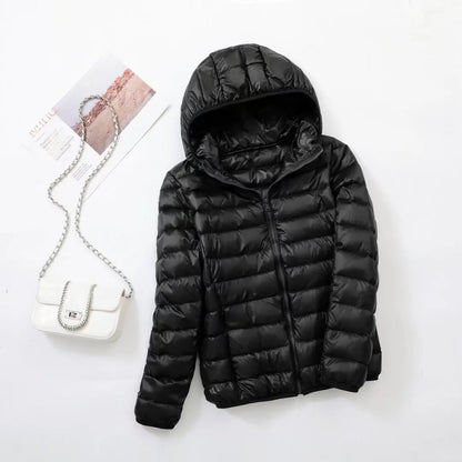 Women's lightweight down puffer jacket with hood in black