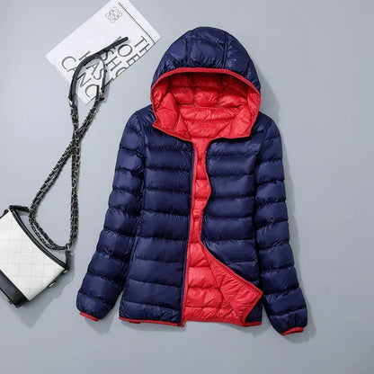 Women's lightweight down puffer jacket with hood in blue red