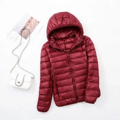 Women's lightweight down puffer jacket with hood in burgundy