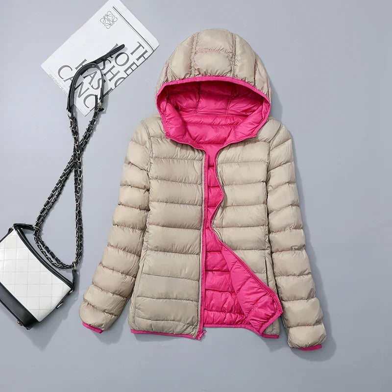 Women's lightweight down puffer jacket with hood in khaki pink