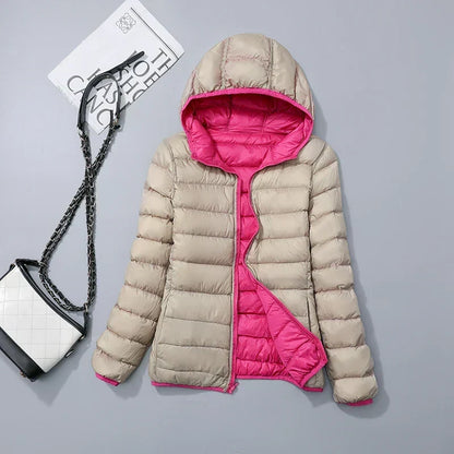 Women's lightweight down puffer jacket with hood in khaki pink