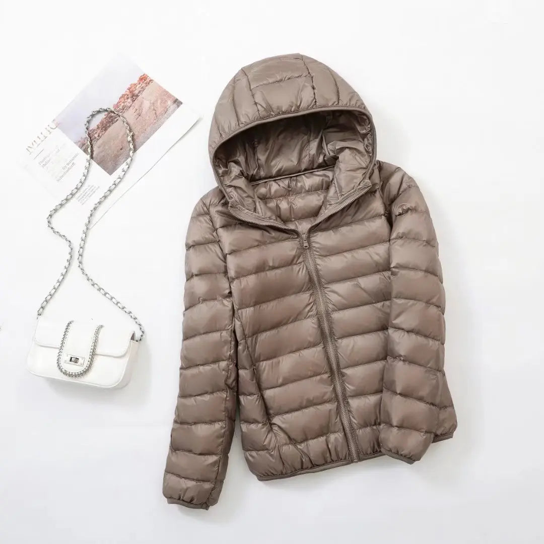 Women's lightweight down puffer jacket with hood in khaki