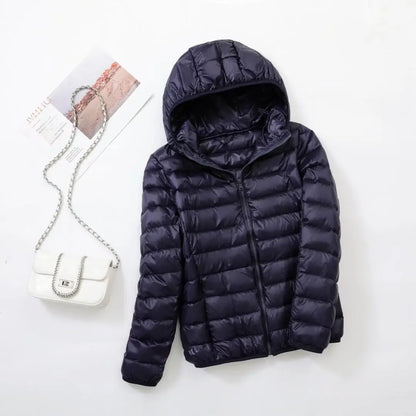 Women's lightweight down puffer jacket with hood in navy