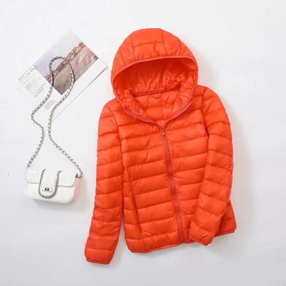 Women's lightweight down puffer jacket with hood in orange