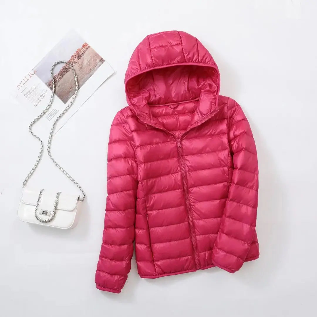 Women's lightweight down puffer jacket with hood in pink