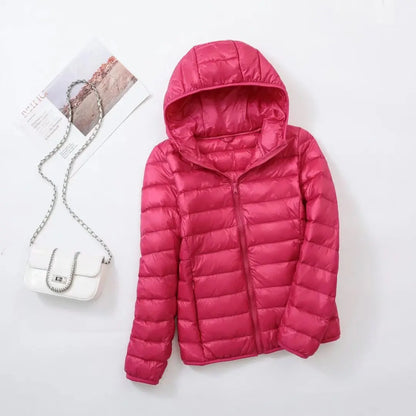 Women's lightweight down puffer jacket with hood in pink
