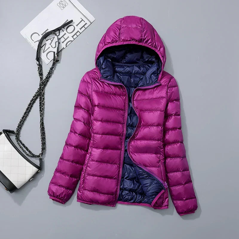 Women's lightweight down puffer jacket with hood in purple navy