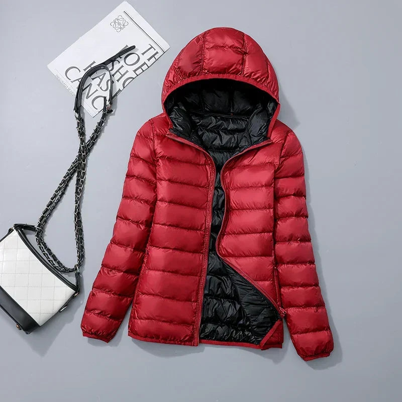 Women's lightweight down puffer jacket with hood in red black