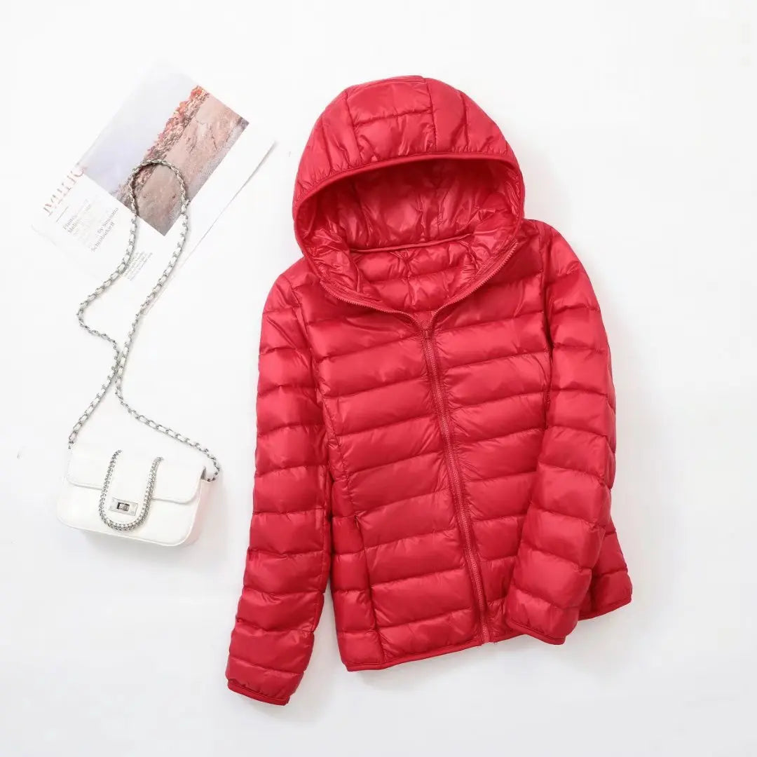 Women's lightweight down puffer jacket with hood in red