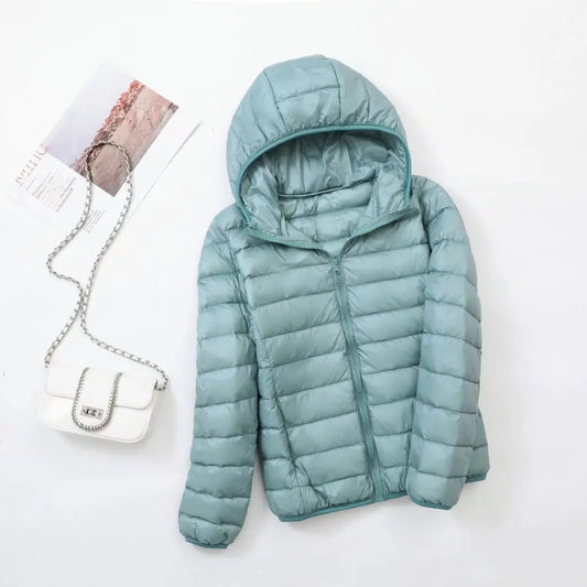 Women's lightweight down puffer jacket with hood in turquoise