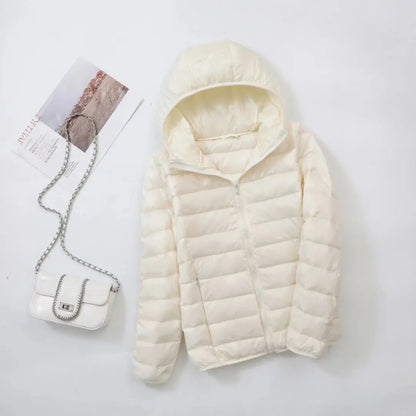Women's lightweight down puffer jacket with hood in white