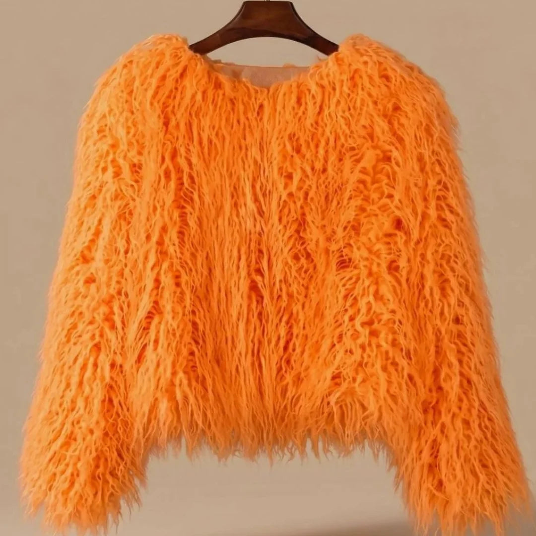 Women's voluminous faux fur coat in Orange