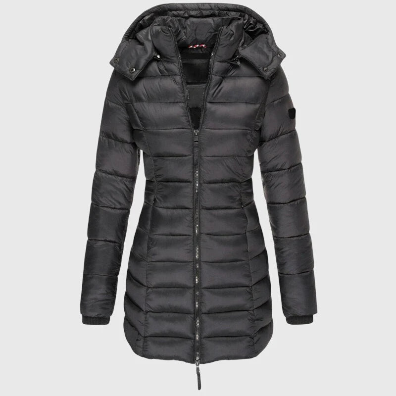 Women's long down jacket with hood in Black