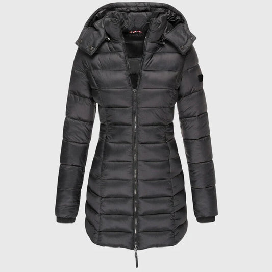 Women's long down jacket with hood in Black
