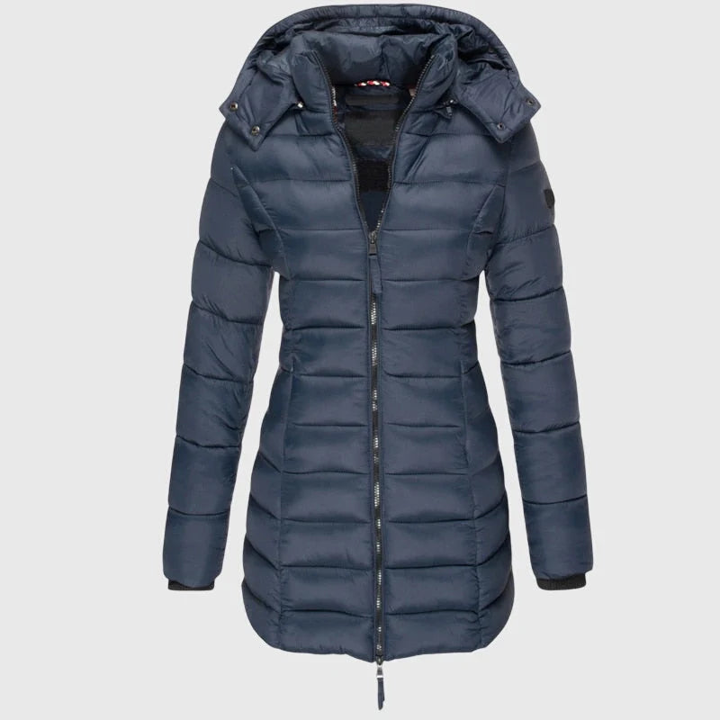 Women's long down jacket with hood in Blue