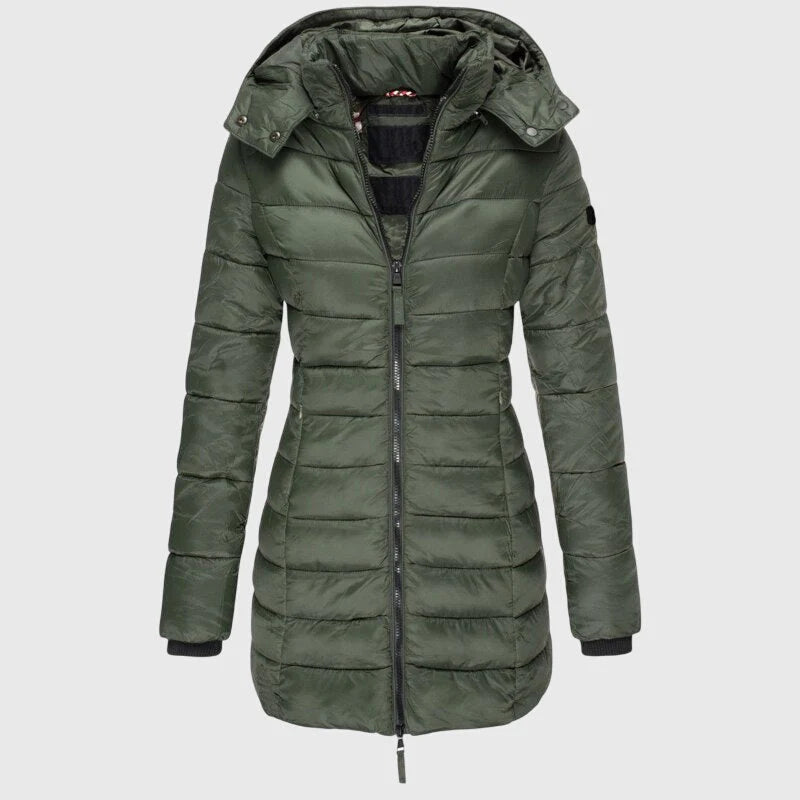 Women's long down jacket with hood in Green