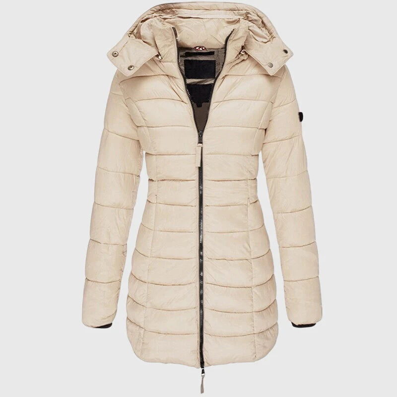Women's long down jacket with hood in Ivory