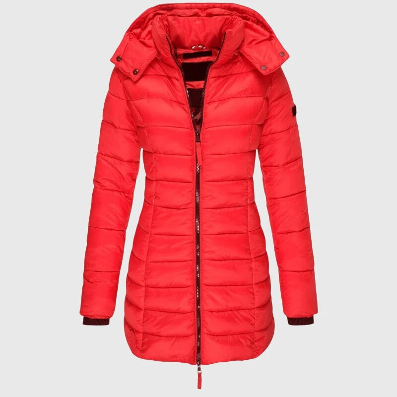 Women's long down jacket with hood in Red