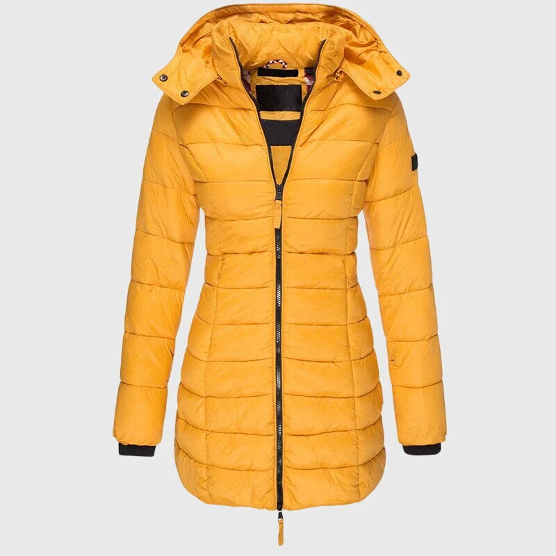 Women's long down jacket with hood in Yellow