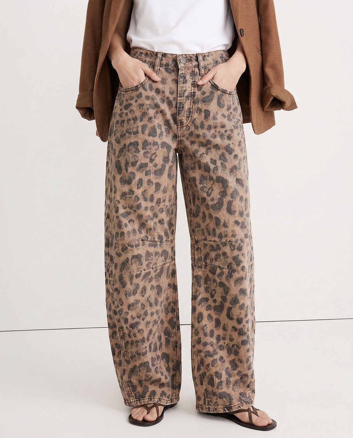 Everly leopard print barrel-leg jeans, close-up detail view