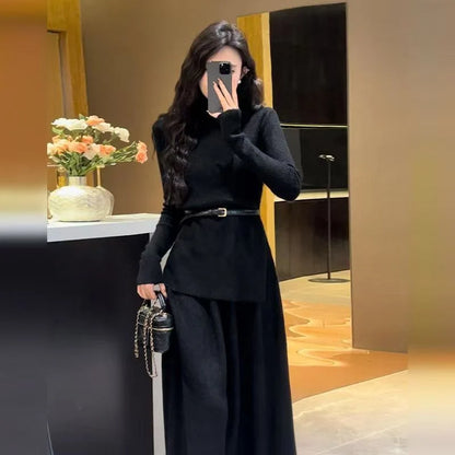 Women's knit midi dress with turtleneck and belted waist in Black