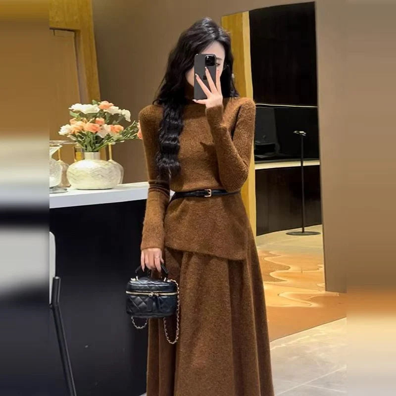 Women's knit midi dress with turtleneck and belted waist in Caramel