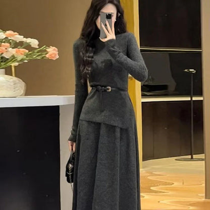 Women's knit midi dress with turtleneck and belted waist in Grey