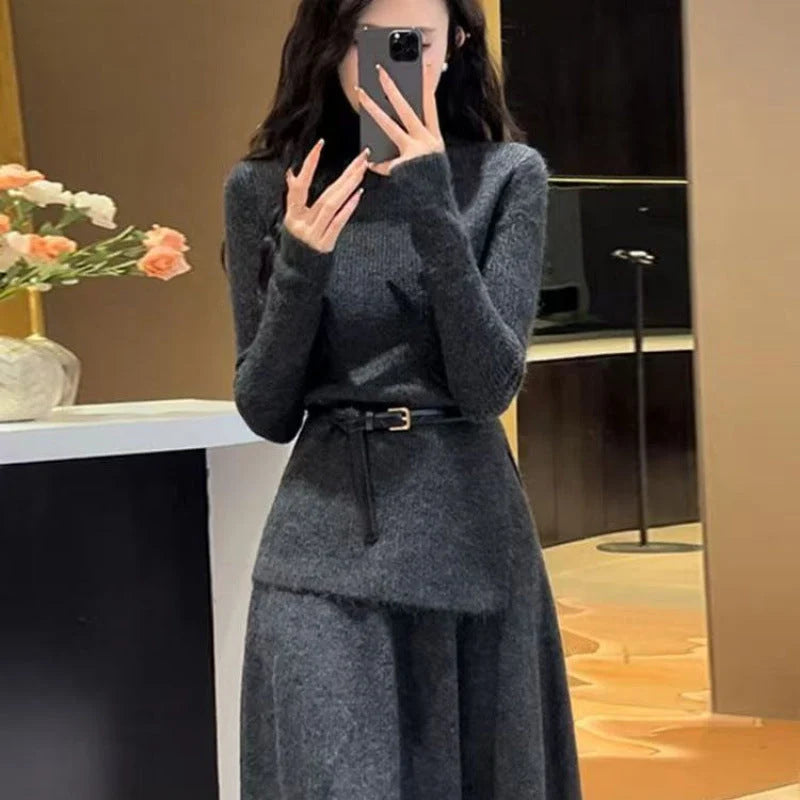 Women's knit midi dress with turtleneck and belted waist, additional photo
