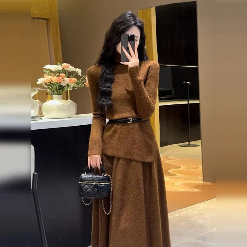 Women's knit midi dress with turtleneck and belted waist, additional photo