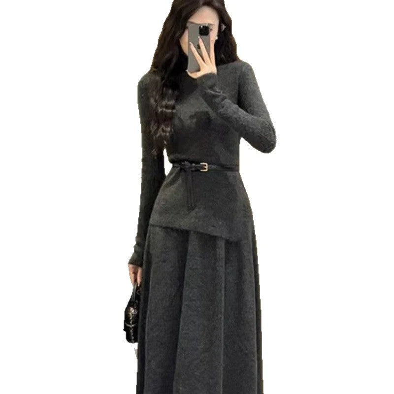 Women's knit midi dress with turtleneck and belted waist, additional photo