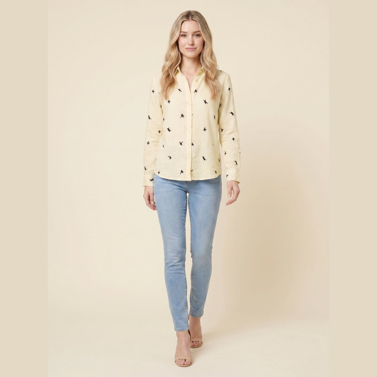 Flora cotton-linen blouse in yellow, front view