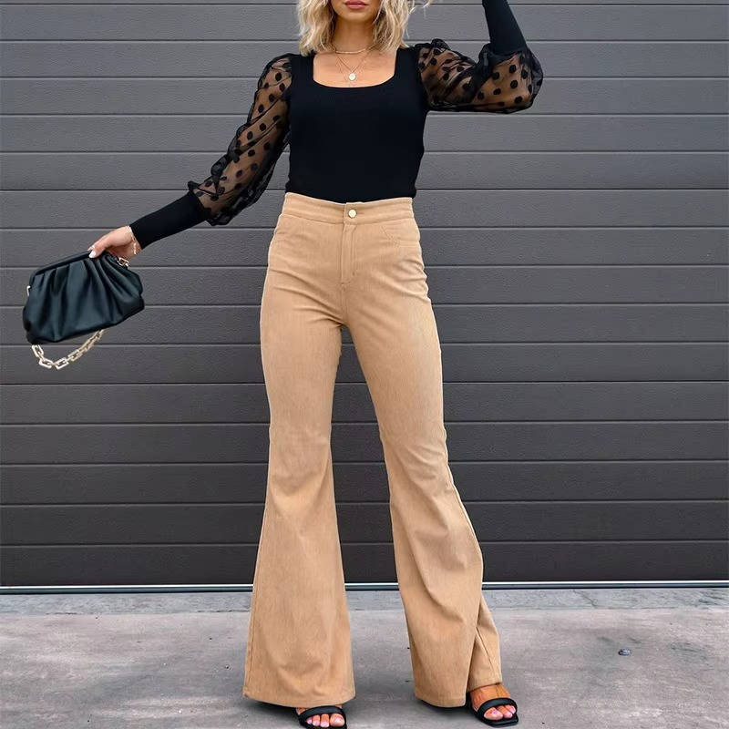 Georgia corduroy flare pants in khaki, front view