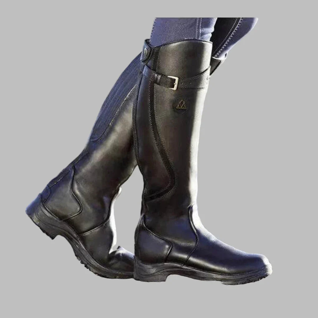 Greta leather orthopedic boots in black, side view on model