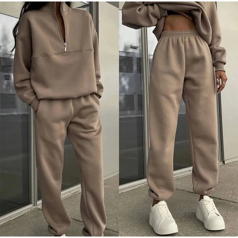 Women's half-zip loungewear set in beige, additional view