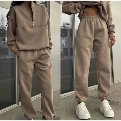 Women's half-zip loungewear set in beige, additional view