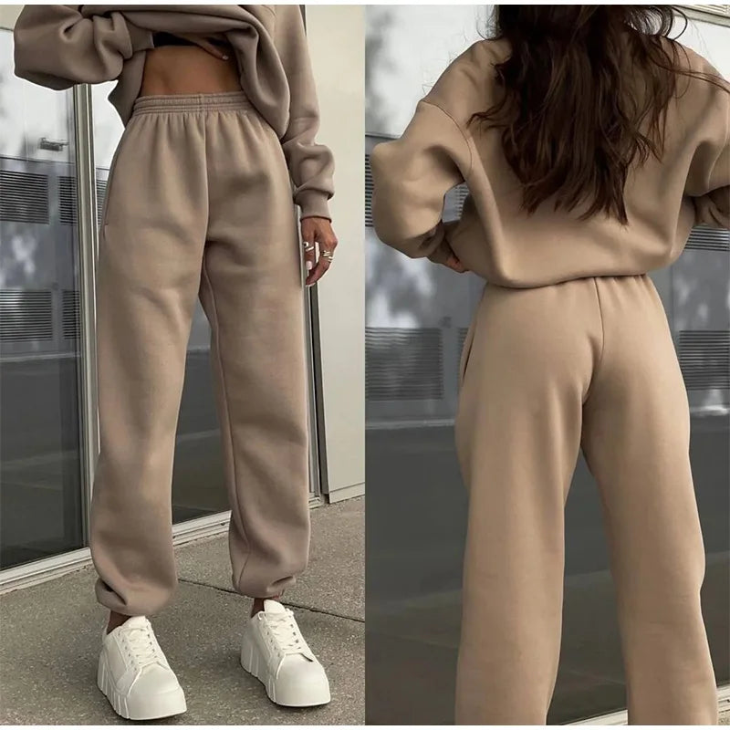 Women's half-zip loungewear set in beige, back view