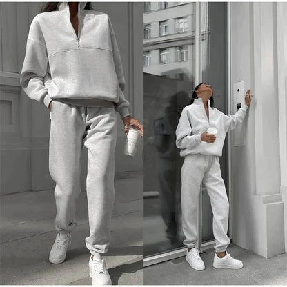 Women's half-zip loungewear set in light grey, additional view